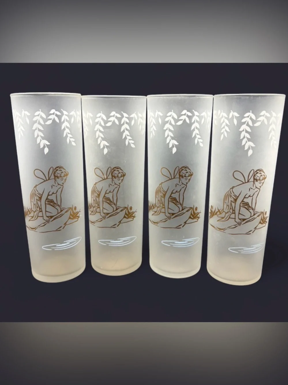 4 Vintage Libbey Fairy Pixie Nymph Frosted Highball Cocktail Glasses Barware